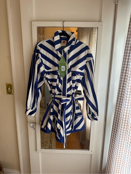 FARM Rio Other - FARM Rio Blue & White Striped Belted Raincoat
